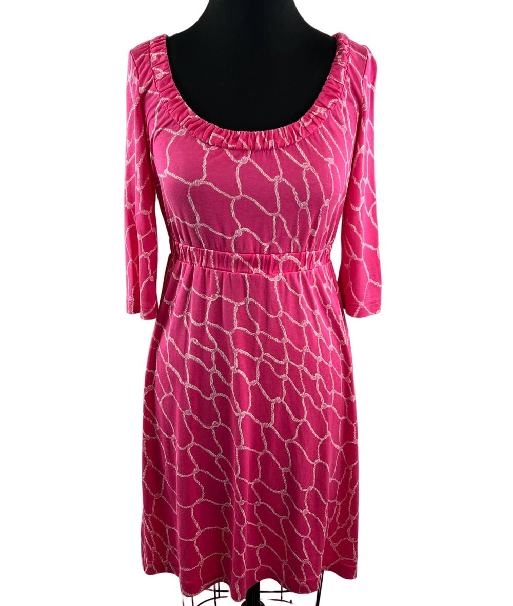 Lilly Pulitzer Everyday Pink Geometric Silk Dress Empire Waist 3/4 Sleeves XS